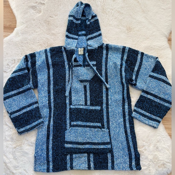 💫Vintage 90s Mexicana Blue Knit Poncho Baja Surfer Hoodie Hippie Pullover - Picture 6 of 11